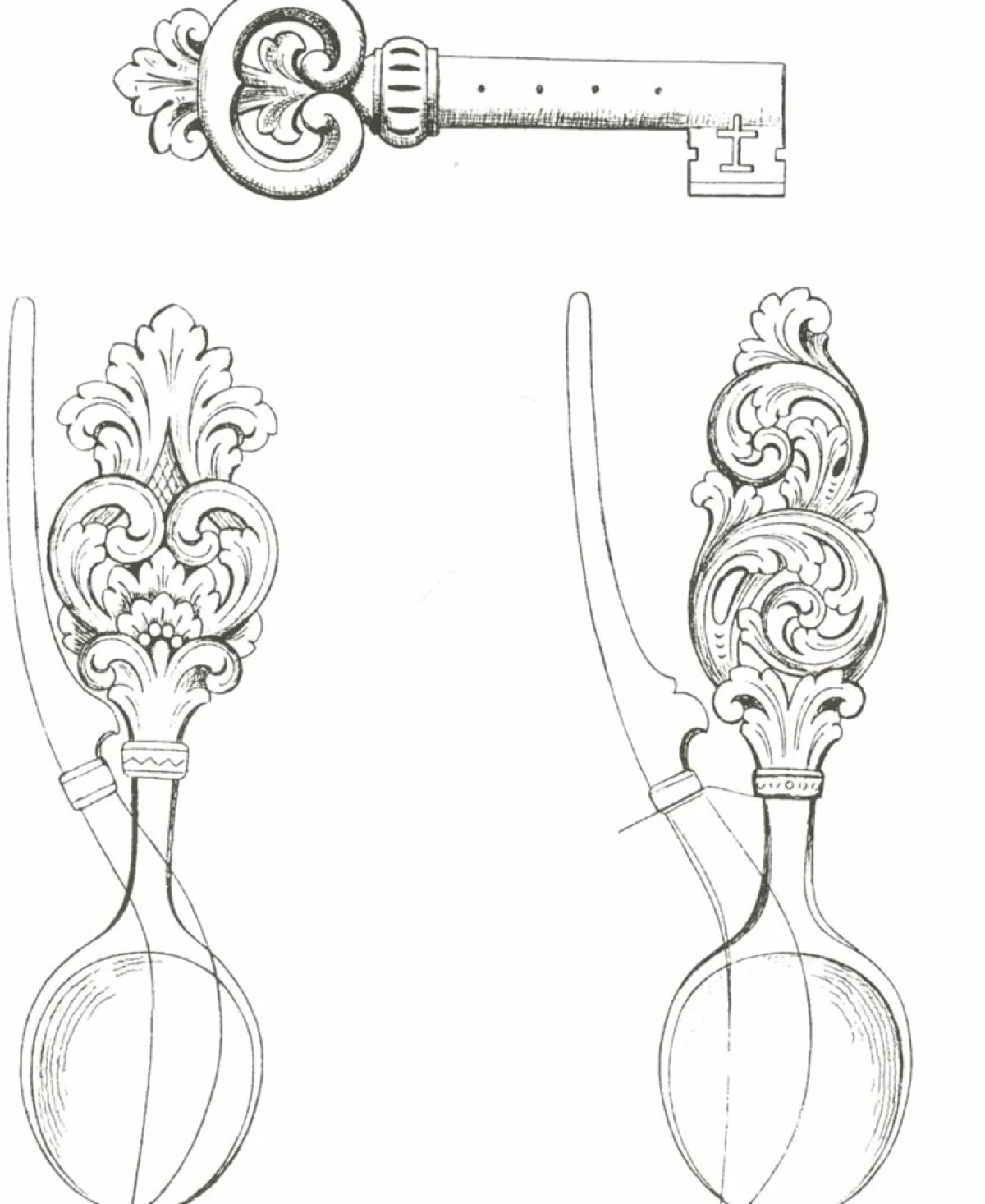 Vesterheim Woodworking | Patterns & Design Packets-Amrud Acanthus Carving Pattern #90- Storre Skjeer og Nokk (Key, 2 Spoons)