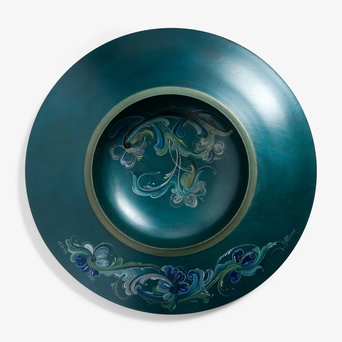 Vesterheim Rosemaling-Bowl with Wide Rim and Rosemaling – The Blue Hour by Anne Hesvik