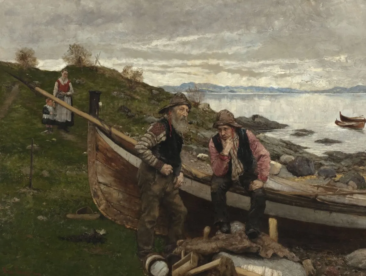 Vesterheim Giclee Reproduction Prints-Giclée Print from 's Collections - Two Men by Fishing Boat on Shore by Christian Eggen